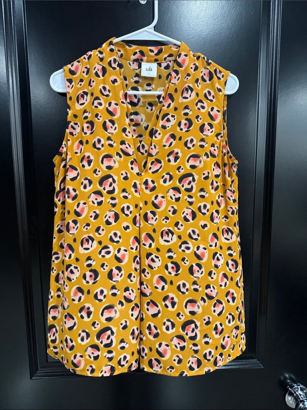 CAbi Mustard Yellow Sleeveless Leopard Spot V-Neck Blouse